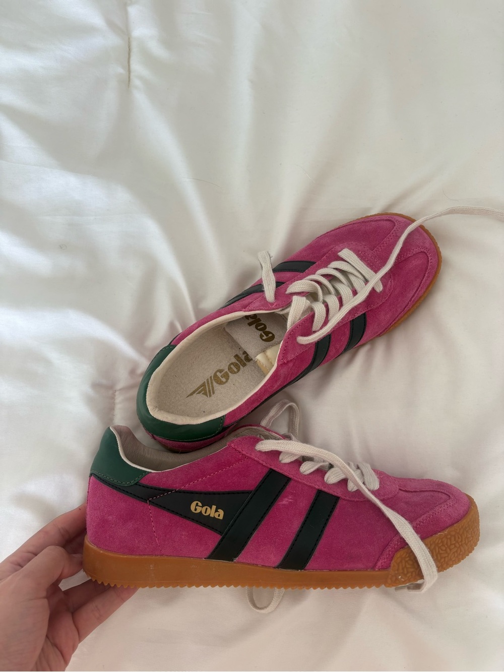 Gola Pink Suede Sneakers with Black Stripes and Green Heel